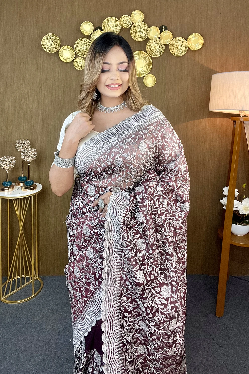 Soft Chomok Deep Merun Chiffon Georgette Saree with Washable Siroski Stone Work